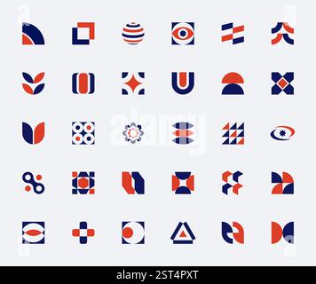 Ensemble d'éléments graphiques minimalistes bauhaus. Formes géométriques simples, symboles, logomarques, icônes. Graphismes postmodernes abstraits. Graphique vectoriel EPS10. Illustration de Vecteur