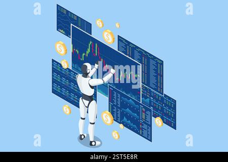Illustration vectorielle isométrique d'un robot de trading IA analysant les graphiques boursiers, entouré de symboles de devises flottantes. Commerce IA Illustration de Vecteur