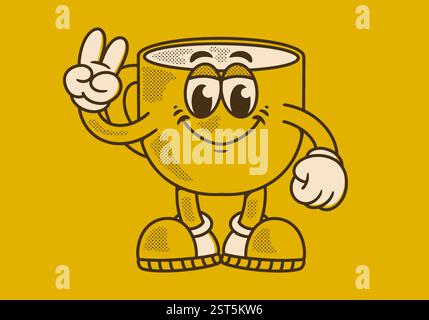 Illustration mascotte de personnage d'une tasse à café avec les mains formant un symbole de paix sur fond jaune rétro Illustration de Vecteur