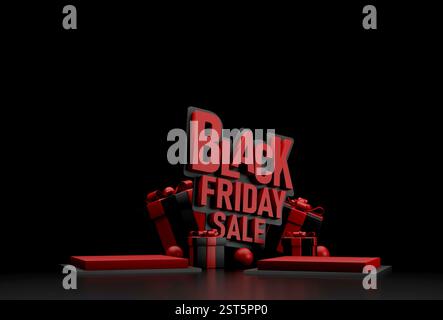 Élégant concept de vente Black Friday avec boîtes-cadeaux noires et rouges, typographie élégante et fond sombre, parfait pour les promotions et le marketing CA Banque D'Images