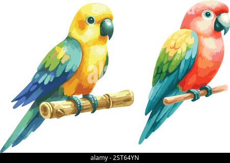 Ensemble d'illustrations vectorielles d'aquarelle d'un deux perroquets colorés adorables Illustration de Vecteur