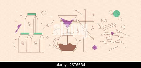 Cafetière, pack, emporter des symboles de tasse dessinant dans un style d'art linéaire moderne sur fond de pêche Illustration de Vecteur