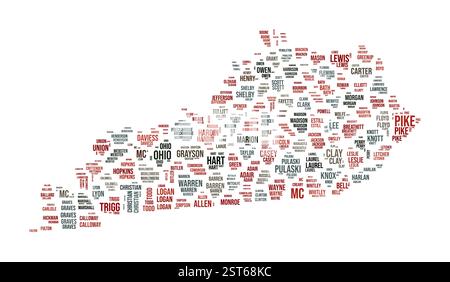 Kentucky Word Cloud. Forme de l'état avec la division du comté. Image de style typographie du Kentucky. Nuages d'étiquettes de noms de comté. Illustration vectorielle. Illustration de Vecteur