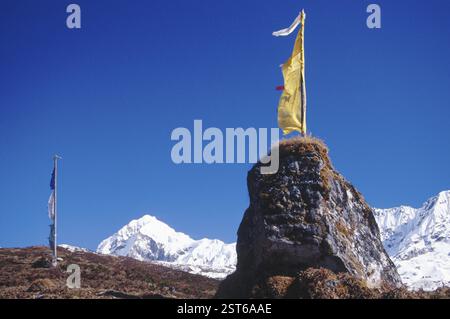 Drapeau de prière à dzougri (fond Mt. Paudini 6691m), Sikkim, inde Banque D'Images