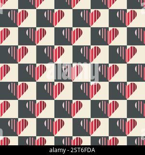 Motif abstrait sans couture en forme de coeur rayé à carreaux. Grille géométrique décorative. Palette de couleurs vintage noir blanc rose rouge teinte. Graphique Illustration de Vecteur
