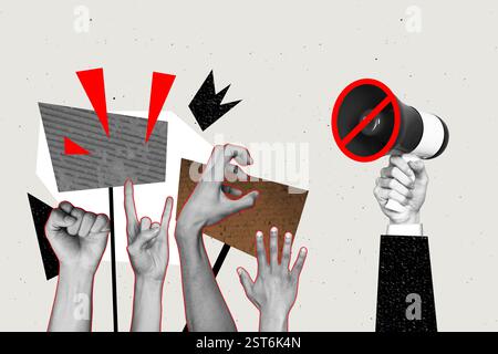Art composite 3d créatif image collage de mains tenir mégaphone signe interdit révolution mains tenir piquet montrer cornes geste poing Banque D'Images