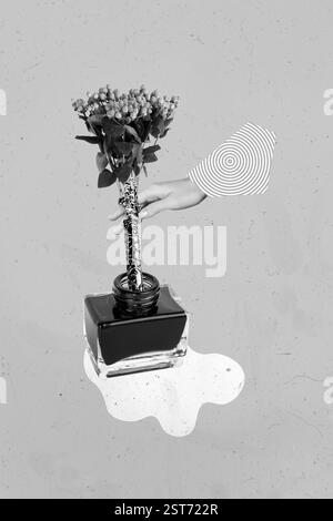 Collage 3D image de pinup pop rétro esquisse de la femme main utiliser fleur bouquet stylo écriture rétro Vintage inkpot poésie printemps mélancholique Vibe Banque D'Images