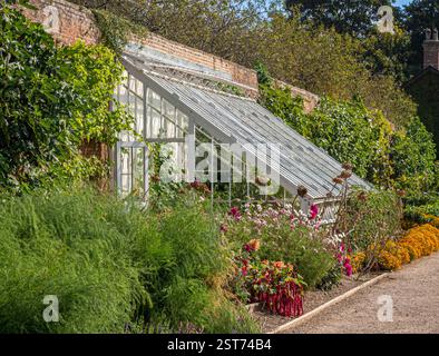 Serre maigre avec des fleurs lumineuses à l'extérieur dans le jardin clos de Beningbrough Hall Banque D'Images