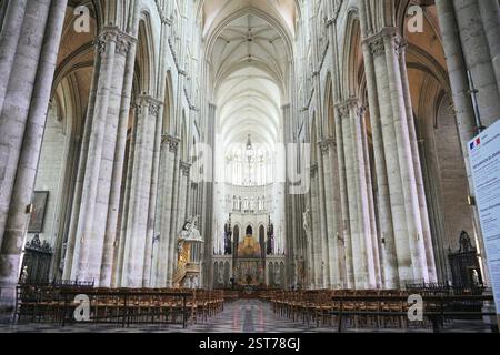 Vue intérieure de la cathédrale de France, avec ses colonnes gothiques imposantes, ses plafonds voûtés, ses détails d'autel ornés et ses rangées de chaises en bois, le tout dans un cadre paisible. Amiens. France 17.02.2025 Banque D'Images