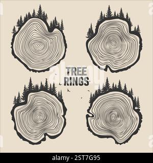 Tronc d'arbre rond coupé avec des arbres, de la forêt et des oiseaux. Tranches de pin scié ou de chêne, bois d'œuvre. Scier bois coupé, bois. Texture en bois brun avec anneaux d'arbre. Main Illustration de Vecteur