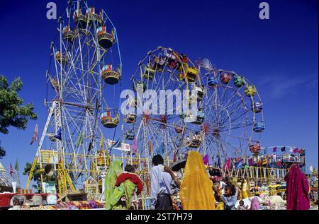 Camel Pushkar fair, roues géantes, Ajmer, Rajasthan, Inde Banque D'Images