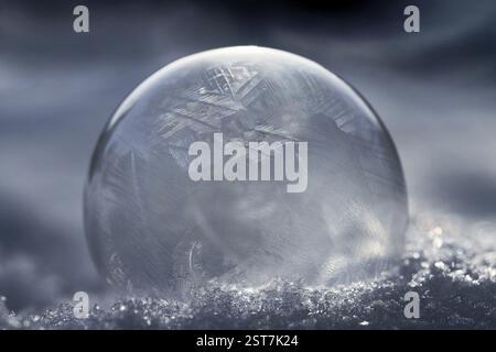 Une bulle de savon gelée avec un motif dans la neige froide Banque D'Images