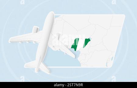 Nigeria illustration de voyage avec avion et drapeau national. Idéal pour les agences de voyages, le matériel promotionnel ou le contenu géographique lié au Nigeria. Illustration de Vecteur