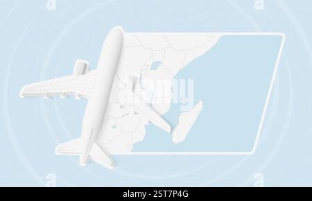 Comores illustration de voyage avec avion et drapeau national. Idéal pour les agences de voyages, le matériel promotionnel ou le contenu géographique lié aux Comores. Illustration de Vecteur
