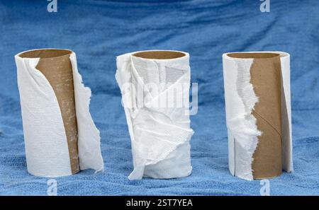 Plan horizontal de trois rouleaux vides de papier toilette sur un fond de tissu bleu avec espace de copie. Banque D'Images