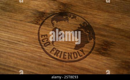 Respectueux de l'environnement avec le timbre de symbole de globe imprimé sur la boîte en bois. Concept de protection de l'environnement de la planète terre. Banque D'Images