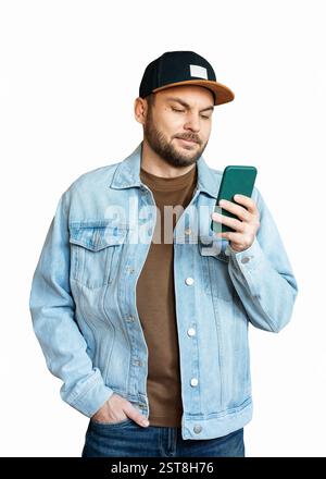 Découpe d'un jeune homme à la barbe courte portant une tenue décontractée et une casquette souriante en regardant son smartphone Banque D'Images