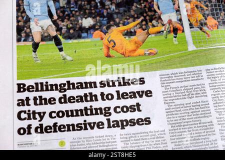 Jude 'Bellingham Strikes at the Death to Leave City Counting cost of Defensive lapses' titre du journal ipaper 11 février 2025 Londres Angleterre Royaume-Uni Banque D'Images