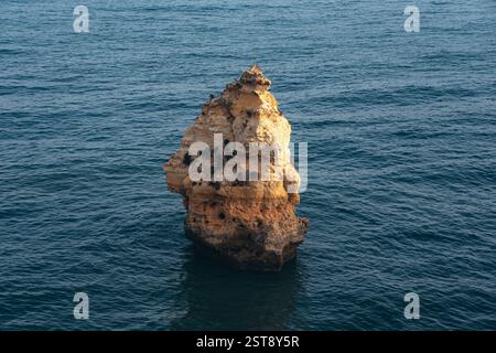 Formations rocheuses sur la plage de la Marina au coucher du soleil dans la région de l'Algarve près des villes d'Albufeira et Portimao. Portugal. Banque D'Images