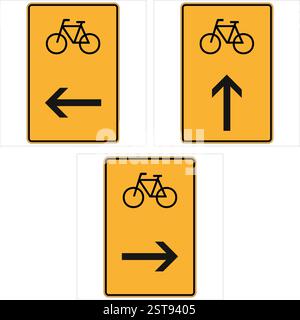 Trois panneaux jaunes de voie cyclable indiquant les directions autorisées, y compris la gauche, la droite et la ligne droite Illustration de Vecteur