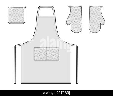 Ensemble de tabliers, gants de four et illustration de mode technique de potholder. Uniforme de chef pour la cuisine dessin animé modèle de vêtements de contour plat d'esquisse. Femme hommes unisexe CAD maquette isolé sur fond blanc Illustration de Vecteur