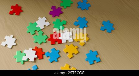 Une variété de puzzles colorés sont placés sur le rendu desk.3D. Banque D'Images