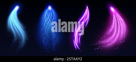 Flèches lumineuses magiques serties de particules scintillantes - lignes courbes lumineuses au néon en bleu, violet, rose sur fond sombre. Effets de faisceau mystique lumineux pour la conception d'interface de jeu fantastique. Illustration de Vecteur