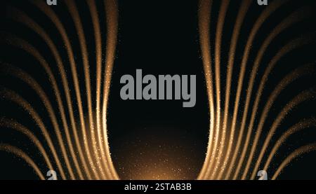 Ailes légères dorées sur fond noir. Illustration réaliste vectorielle de lignes de points jaunes étincelantes en forme d'aile d'ange ou d'oiseau, cérémonie de remise de prix premium ou toile de fond de présentation de produit de luxe Illustration de Vecteur