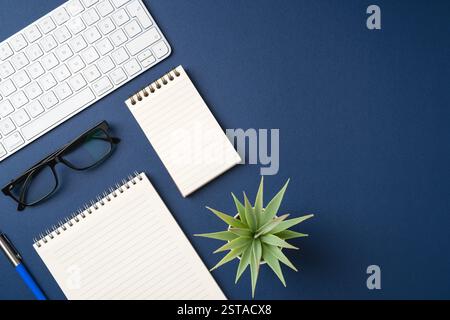 Espace de travail avec clavier, ordinateur portable, fournitures de bureau, stylo, feuille verte. Bureau bleu plat avec vue de dessus Banque D'Images