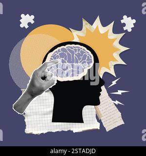 Main artistique pointant sur une silhouette de cerveau humain pour symboliser la connaissance et les idées, illustration vectorielle Illustration de Vecteur