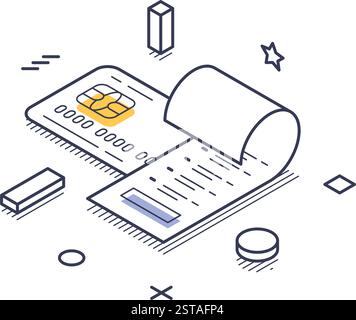 Système de paiement en ligne comportant une carte de crédit et une facture. Diverses formes géométriques entourent les éléments, soulignant le concept de paiement numérique. VEC Illustration de Vecteur