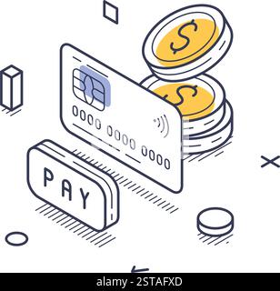 Concept de paiement en ligne avec un dessin de trait isométrique. Il comprend une carte de crédit, des pièces de monnaie et un bouton de paiement mettant en évidence le processus de digi Illustration de Vecteur