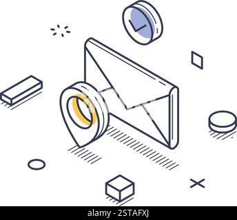 Icône de dessin au trait isométrique d'un service de livraison avec une enveloppe, une épingle de localisation, une horloge circulaire et des éléments géométriques pour un style infographique. Moderne Illustration de Vecteur