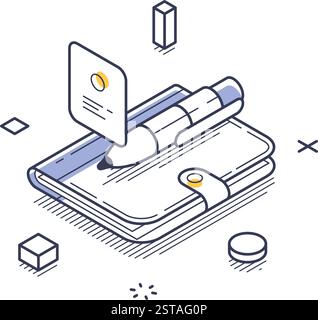 Concept de solution commerciale, présentant un cahier avec un stylo et une carte. Il souligne l'importance de la planification et de l'organisation dans les stratégies d'affaires Illustration de Vecteur