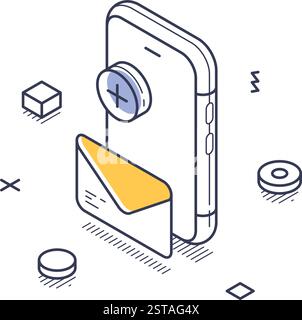 Concept de marketing en ligne avec un téléphone isométrique avec une enveloppe émergente. Illustration vectorielle isométrique moderne d'art au trait Illustration de Vecteur