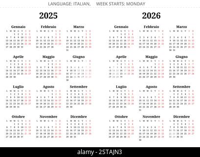 calendriers italiens 2025 et 2026 - calendario italiano. Année d'illustration vectorielle modifiable simple pour l'Italie Illustration de Vecteur