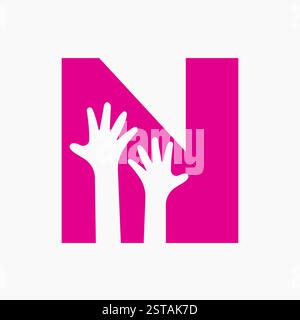 Lettre initiale N concept de logo de l'organisme de bienfaisance avec symbole à deux mains Illustration de Vecteur