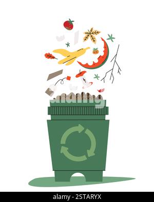 Bac à compost avec déchets organiques illustration vectorielle déchets alimentaires, feuilles et matériaux biodégradables pour un jardinage durable et la réduction des déchets Illustration de Vecteur