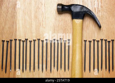 Hammer and Nails abrégé sur fond de bois. Banque D'Images