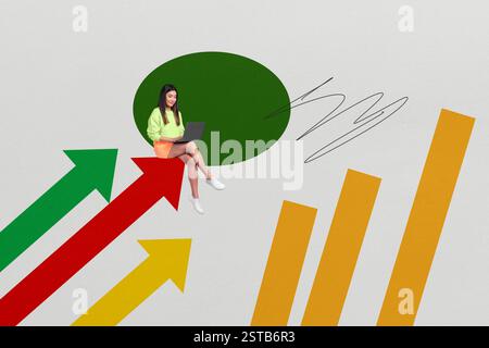 Croquis image tendance illustration montage 3D collage de photos de jeune femme assis travail ordinateur portable but leadership progrès développement de la concurrence Banque D'Images