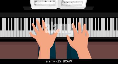 Pianiste professionnel jouant du piano, mains sur le clavier vue de dessus Illustration de Vecteur