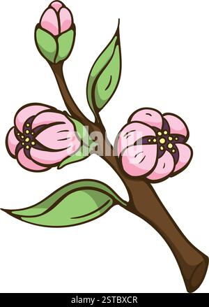 Branche d'arbre de printemps avec des fleurs et des feuilles. Illustration vectorielle lumineuse pour livre, bannière, autocollant. imprimer, poster Illustration de Vecteur