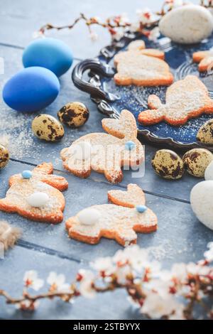 Biscuits lapin aux amandes faits maison pour Pâques avec œufs de Pâques dans un ton bleu Banque D'Images