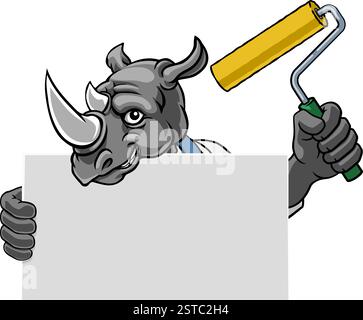 Rhino Painter Decorator Paint Roller Mascot Homme Illustration de Vecteur
