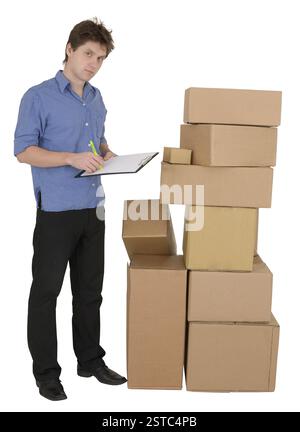 Homme avec marqueur et poil boîtes en carton Banque D'Images