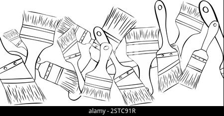 Bordure sans couture des pinceaux. Outils de peinture vectorielle de ligne graphique, fournitures d'art. Jeu de poils épais et fins. Pinceaux de différentes tailles, formes, t Illustration de Vecteur