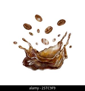 Éclaboussure de café avec des gouttes et des haricots bruns torréfiés. Illustration vectorielle dessinée à la main. Pour les cartes postales, les invitations, les affiches pour les pâtisseries et les cafés, l Illustration de Vecteur