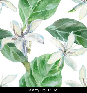 Fleurs blanches et feuilles vertes de caféier, motif sans couture, aquarelle. Illustration vectorielle dessinée à la main. Pour cartes, papier d'emballage, couvertures, tissu Illustration de Vecteur