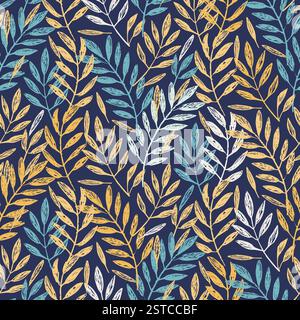 Motif coloré de feuilles sur fond sombre, motif vectoriel sans couture de feuilles, conception complexe de feuillage de feuilles, parfait pour les projets ou le texte sur le thème de la nature Illustration de Vecteur