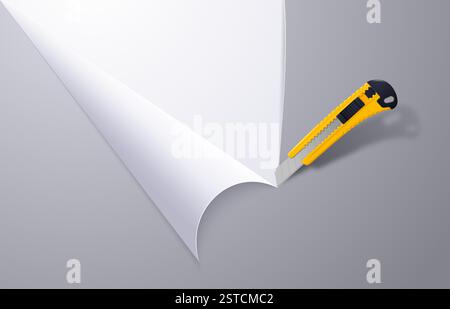 Le couteau de bureau de papeterie réaliste pointu coupe le fond de papier léger. Illustration vectorielle 3D. Illustration de Vecteur